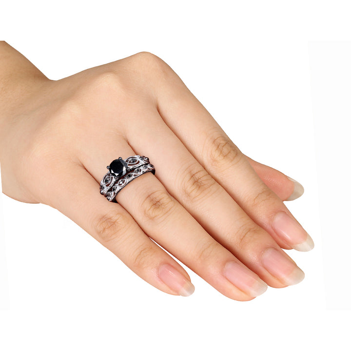 1.39 Carat (ctw) Black Diamond Engagement Ring and Wedding Band Set in 10K White Gold Image 3
