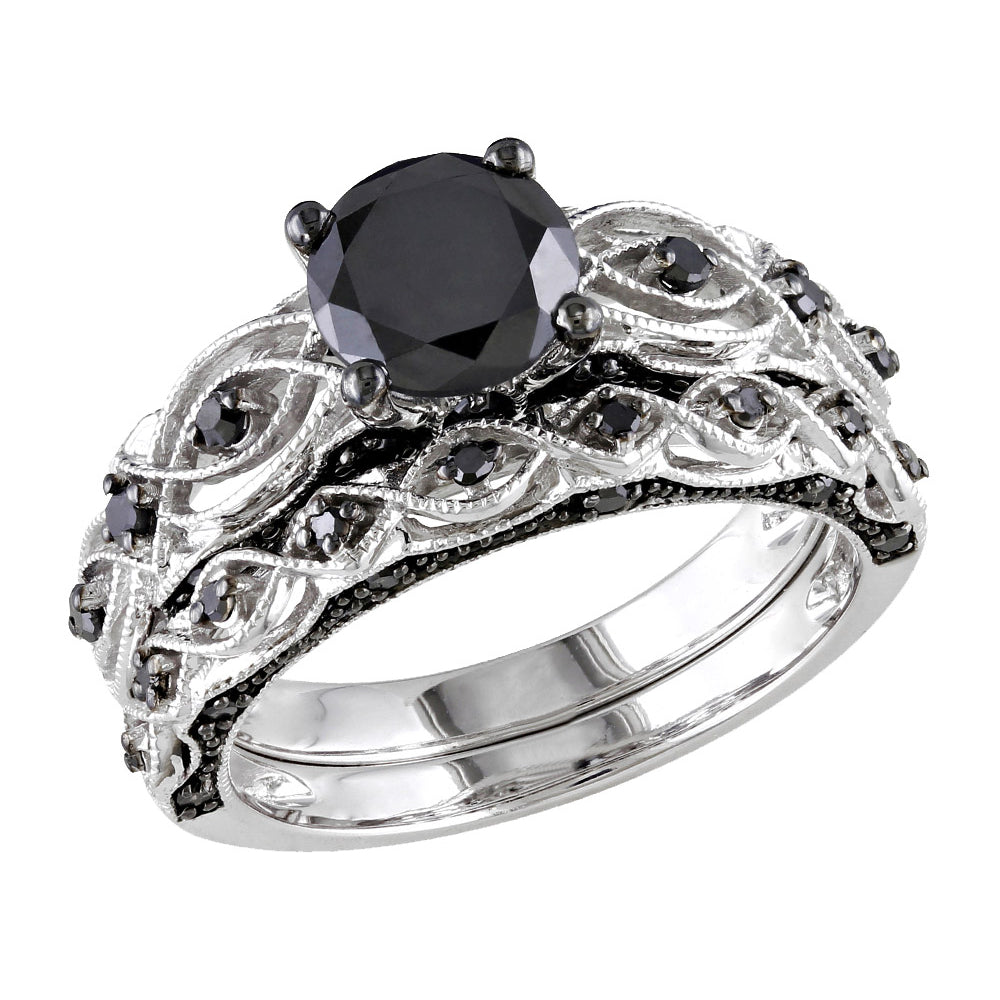 1.39 Carat (ctw) Black Diamond Engagement Ring and Wedding Band Set in 10K White Gold Image 4