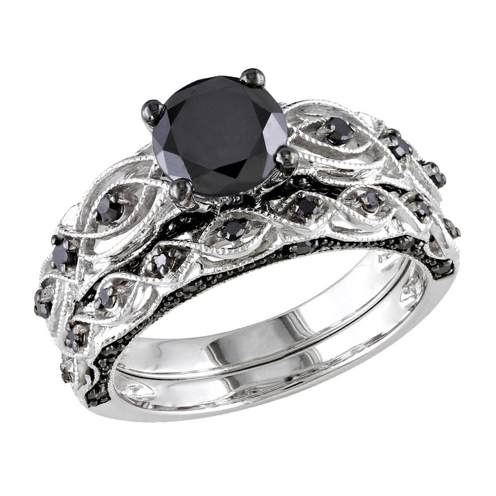 1.39 Carat (ctw) Black Diamond Engagement Ring and Wedding Band Set in 10K White Gold Image 4