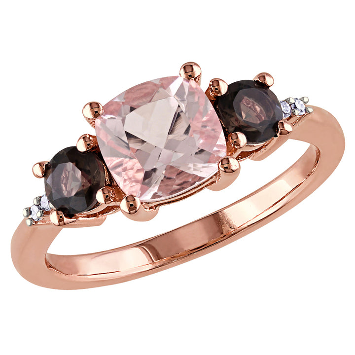 Morganite and Smokey QuartzThree Stone Ring 2.14 Carat (ctw) with Diamonds in Rose Sterling Silver Image 1