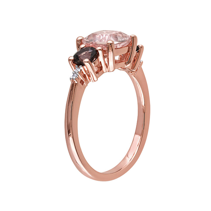 Morganite and Smokey QuartzThree Stone Ring 2.14 Carat (ctw) with Diamonds in Rose Sterling Silver Image 2