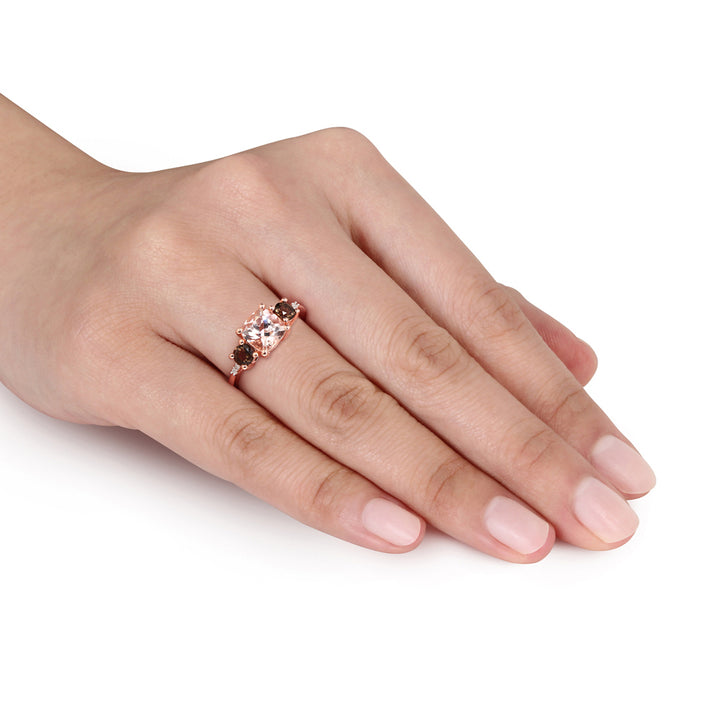 Morganite and Smokey QuartzThree Stone Ring 2.14 Carat (ctw) with Diamonds in Rose Sterling Silver Image 3