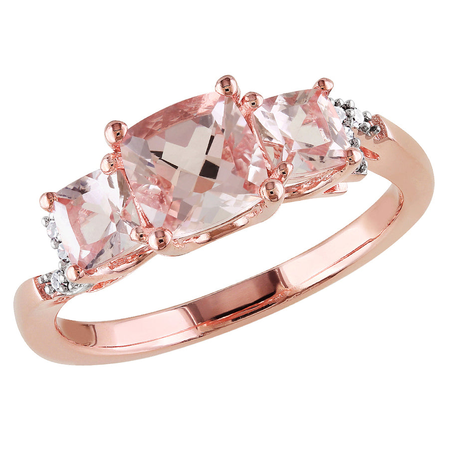 1.40 Carat (ctw) Morganite Three Stone Ring with Diamonds in Rose Plated Sterling Silver Image 1