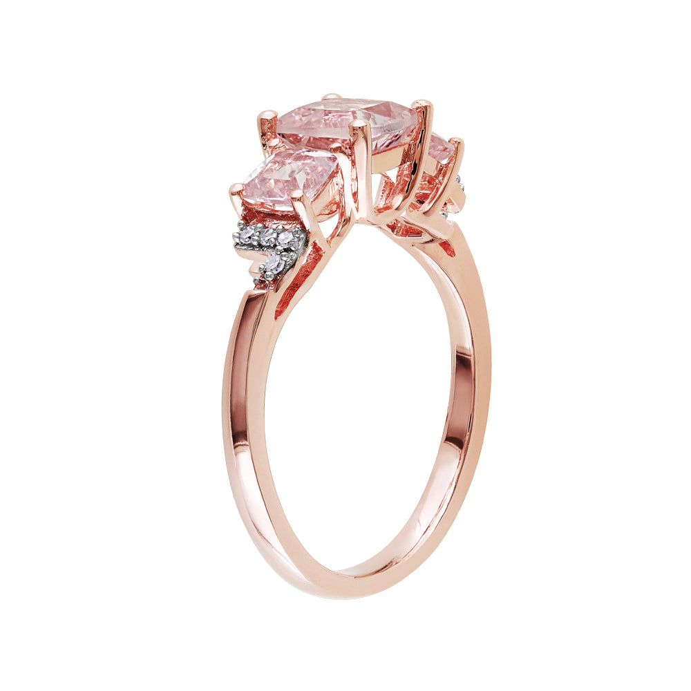 1.40 Carat (ctw) Morganite Three Stone Ring with Diamonds in Rose Plated Sterling Silver Image 2