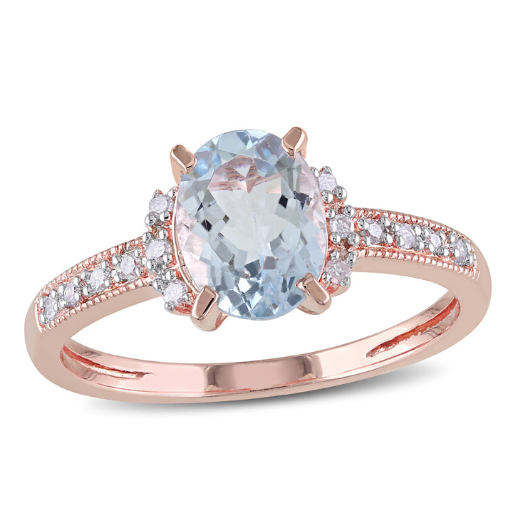 1.00 Carat (ctw)  Aquamarine Ring with Diamonds in Rose Plated Sterling Silver Image 1