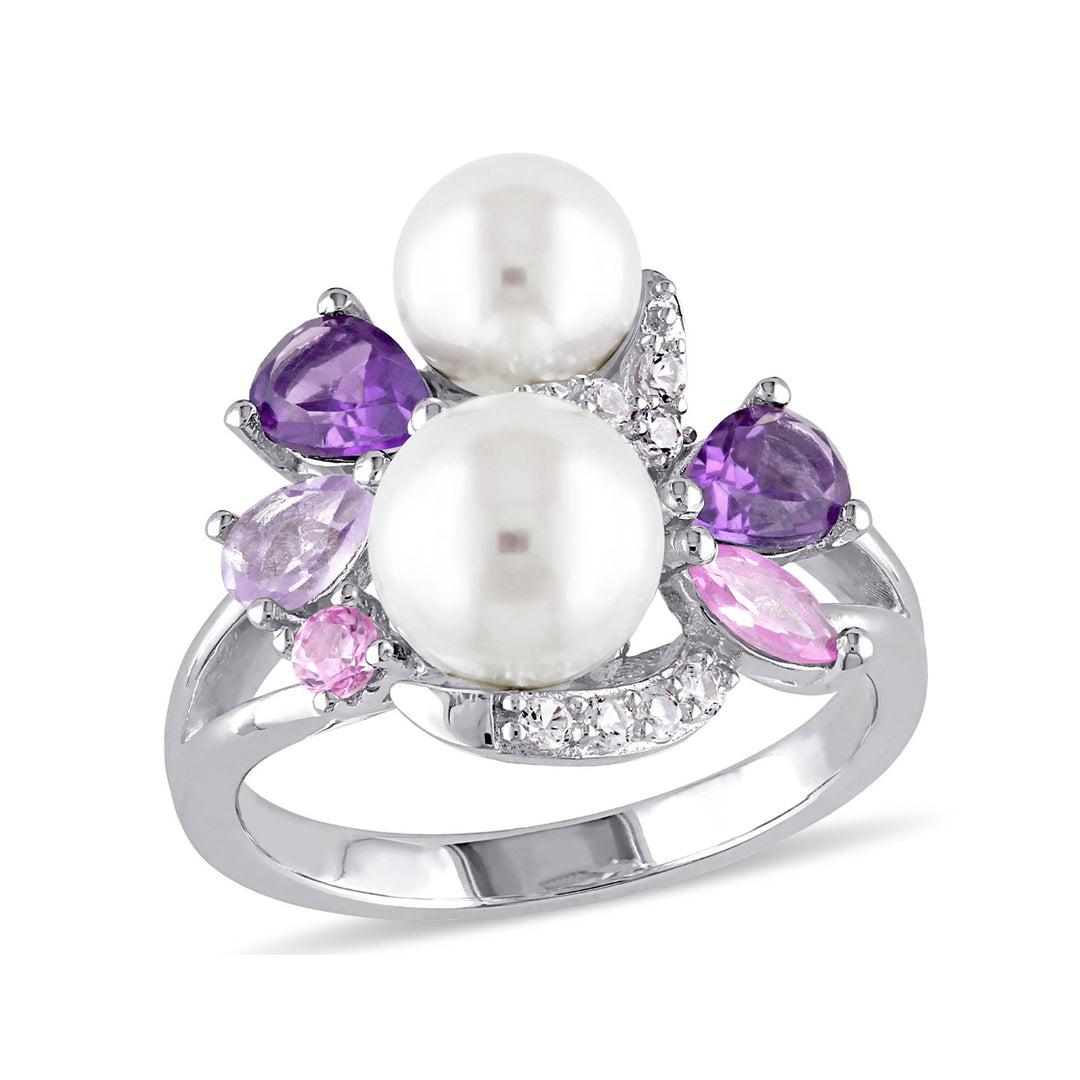 White Freshwater Cultured Pearl Ring with Amethyst, Created Pink & White Sapphire and Rose De France In Sterling Silver Image 1