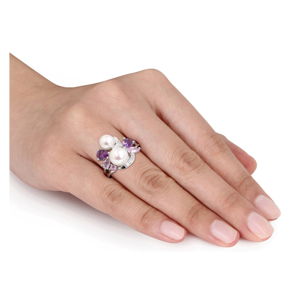 White Freshwater Cultured Pearl Ring with Amethyst Created Pink and White Sapphire and Rose De France In Sterling Silver Image 2