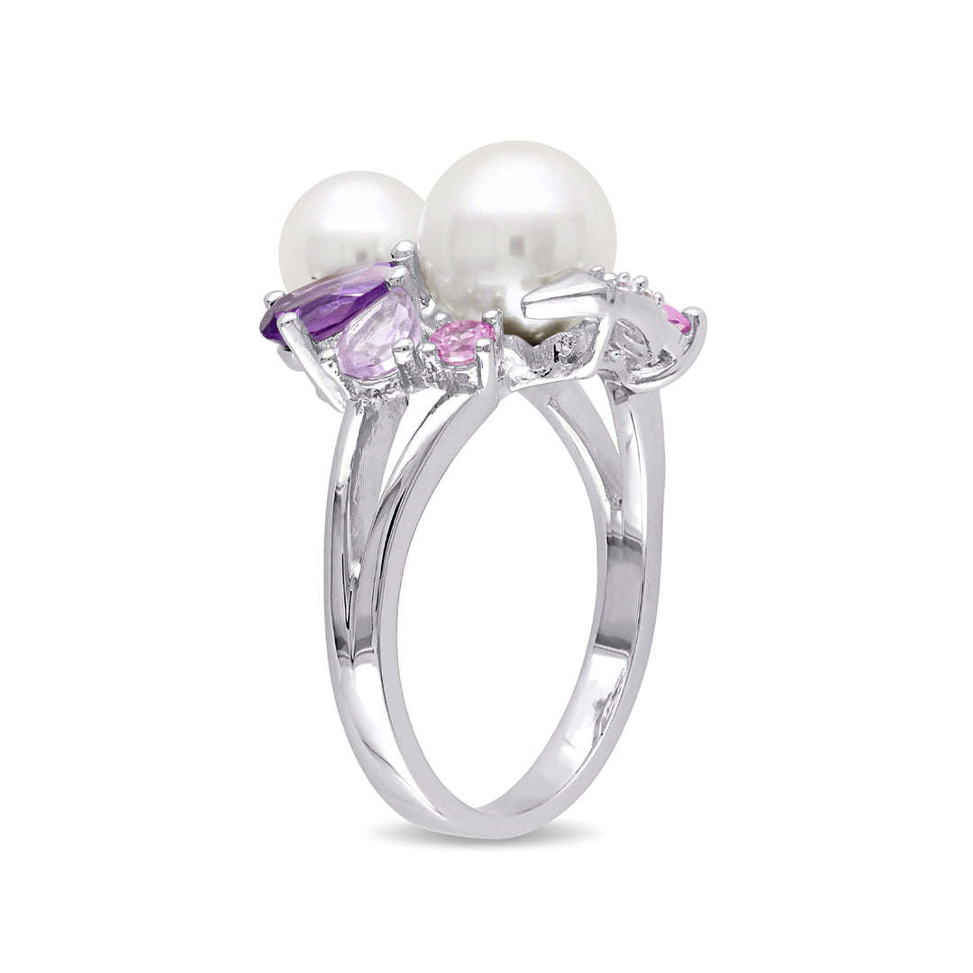White Freshwater Cultured Pearl Ring with Amethyst, Created Pink & White Sapphire and Rose De France In Sterling Silver Image 3