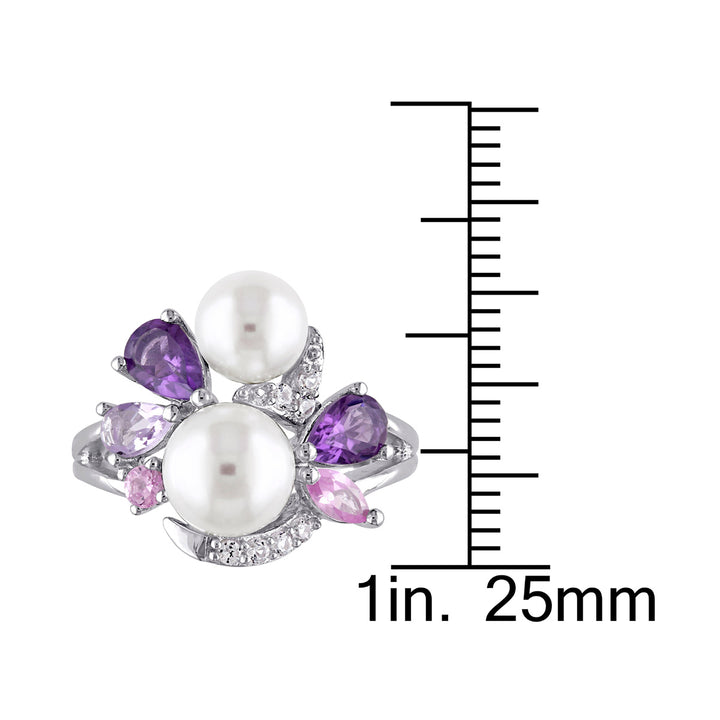 White Freshwater Cultured Pearl Ring with Amethyst, Created Pink & White Sapphire and Rose De France In Sterling Silver Image 4