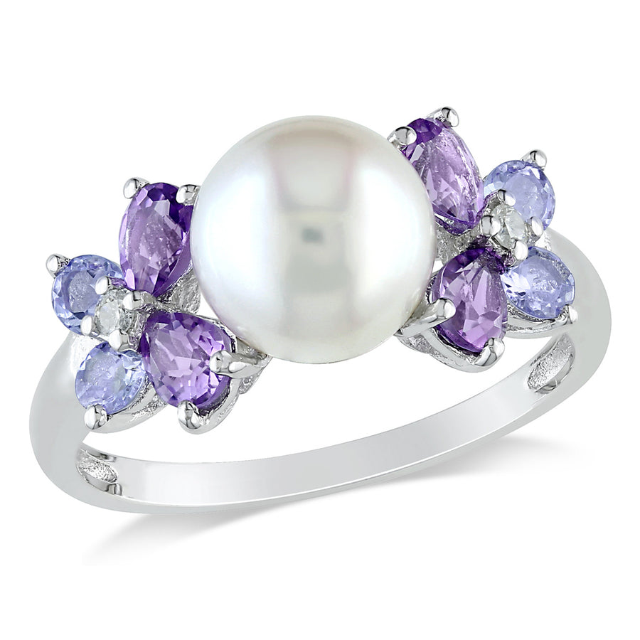 White Freshwater Cultured Pearl 8-8.5mm with Diamond and Tanzanite and Amethyst Ring In Sterling Silver Image 1