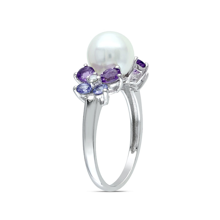 White Freshwater Cultured Pearl 8-8.5mm with Diamond and Tanzanite and Amethyst Ring In Sterling Silver Image 3