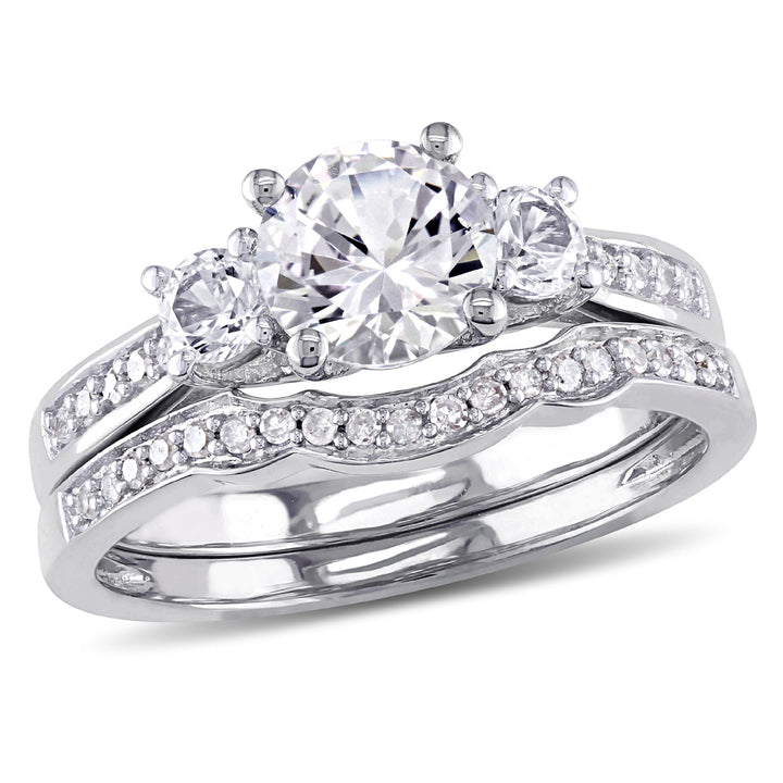 1 1/3 Carat (ctw) Lab-Created White Sapphire with Diamond Bridal Wedding Set Engagement Ring in 10K White Gold Image 1