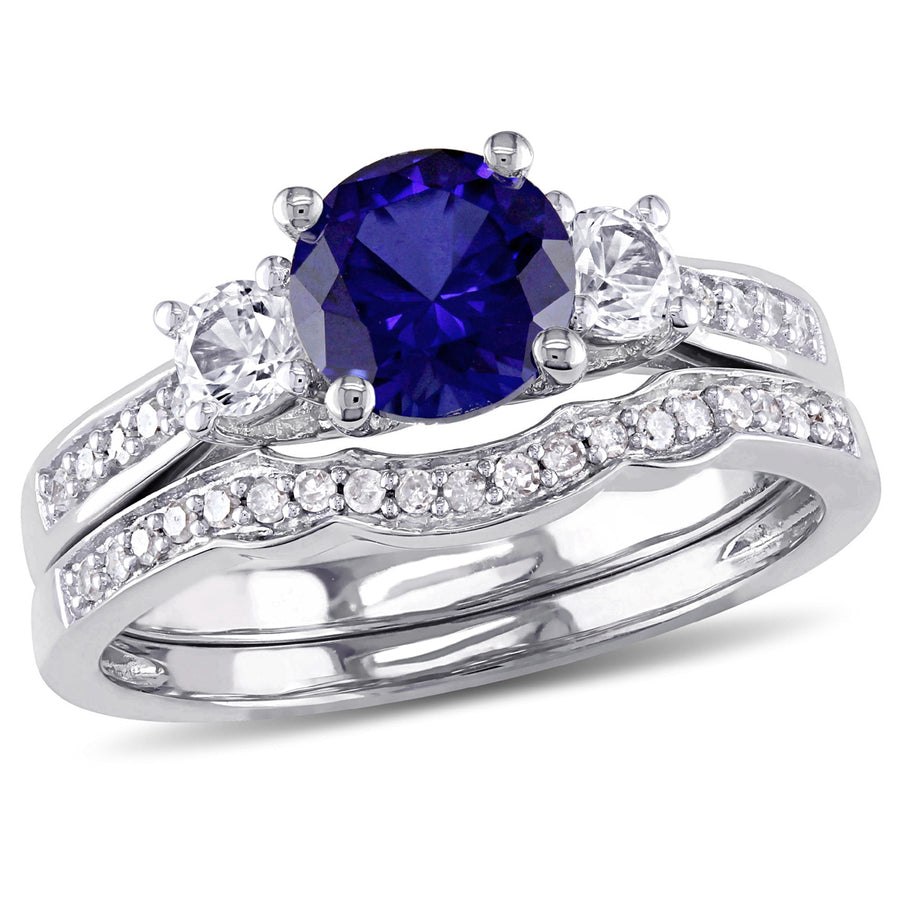 1 1/3 Carat (ctw) Lab-Created Blue and White Sapphire with Diamond Bridal Wedding Set Engagement Ring 10K White Gold Image 1