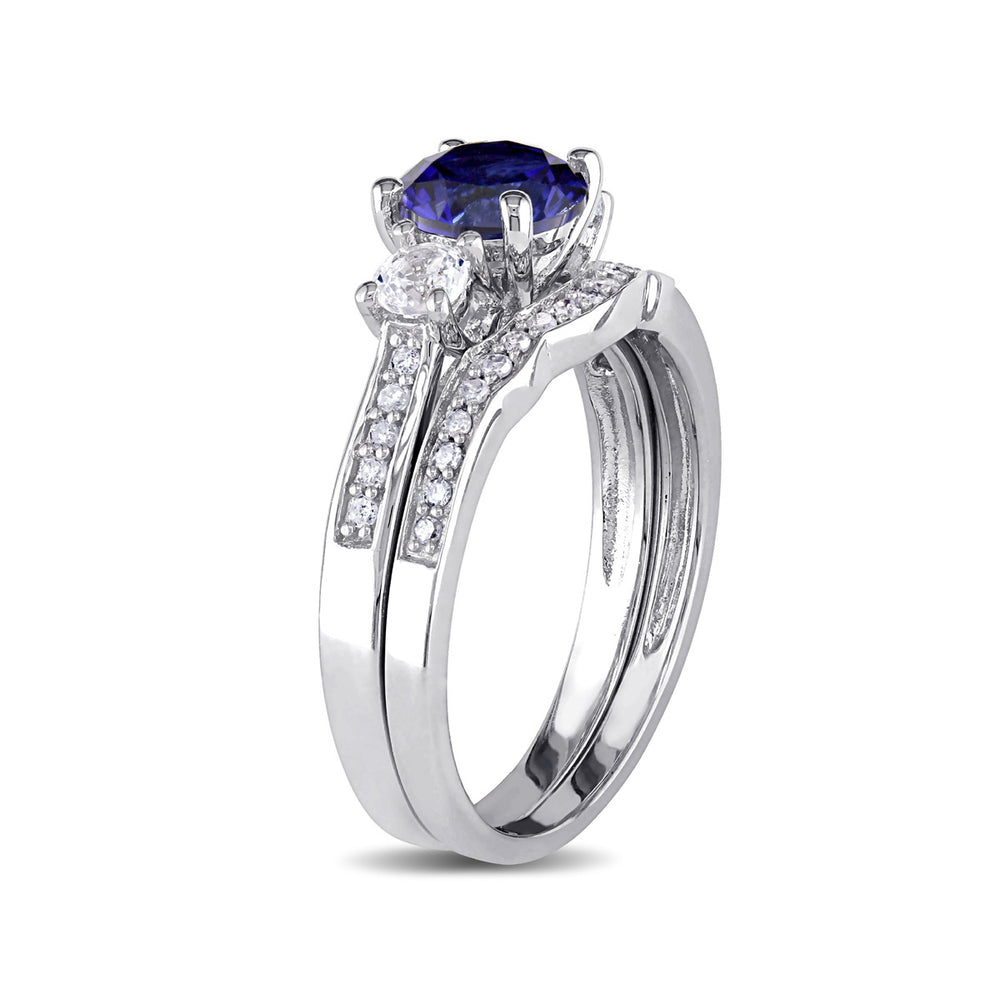 1 1/3 Carat (ctw) Lab-Created Blue and White Sapphire with Diamond Bridal Wedding Set Engagement Ring 10K White Gold Image 2