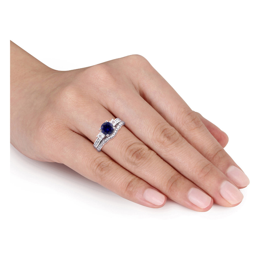 1 1/3 Carat (ctw) Lab-Created Blue & White Sapphire with Diamond Bridal Wedding Set Engagement Ring 10K White Gold Image 3
