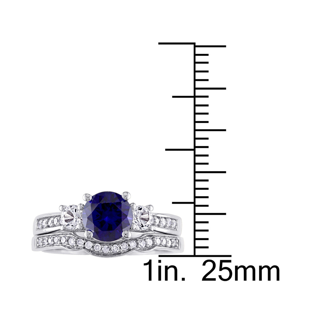 1 1/3 Carat (ctw) Lab-Created Blue & White Sapphire with Diamond Bridal Wedding Set Engagement Ring 10K White Gold Image 4