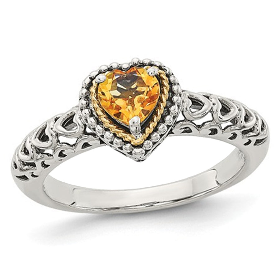 Antiqued Natural Citrine Heart Ring in Sterling Silver with 14K Gold Accents Image 1