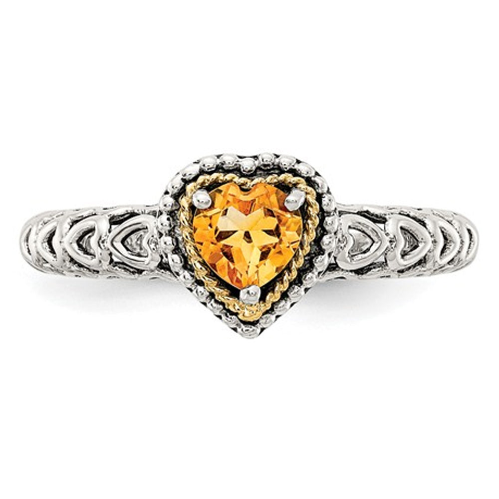 Antiqued Natural Citrine Heart Ring in Sterling Silver with 14K Gold Accents Image 3