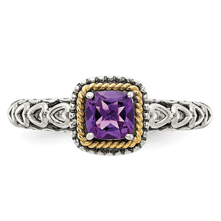 5mm Natural Amethyst Ring in Sterling Silver with 14K Gold Accents Image 2