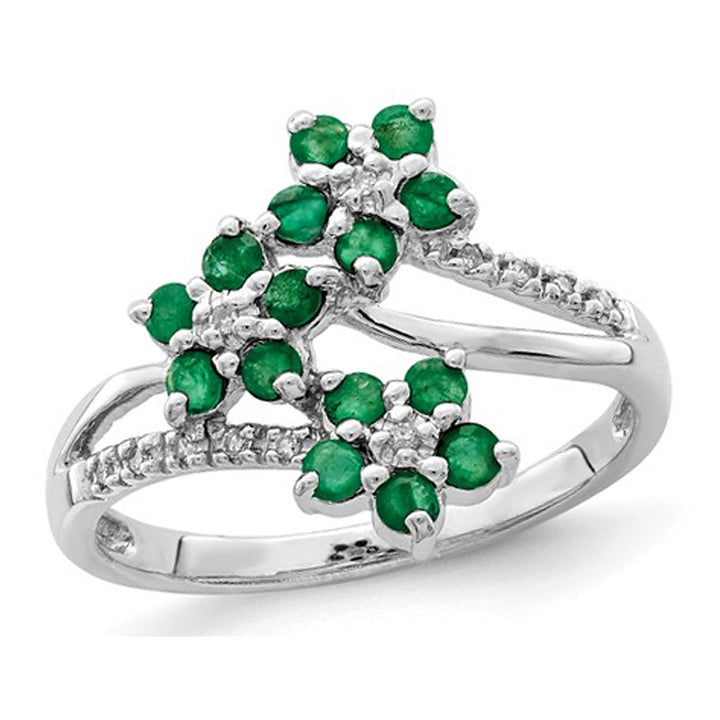 3/5 Carat (ctw) Emerald Flower Ring in Sterling Silver with Accent Diamonds Image 1