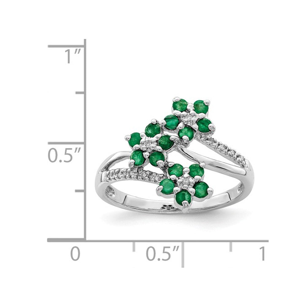 3/5 Carat (ctw) Emerald Flower Ring in Sterling Silver with Accent Diamonds Image 2