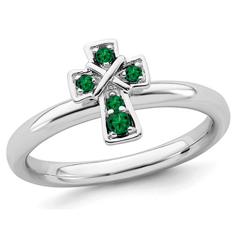 1/8 Carat (ctw) Lab Created Emerald Cross Ring in Sterling Silver Image 1