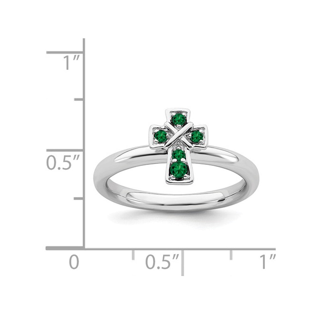 1/8 Carat (ctw) Lab Created Emerald Cross Ring in Sterling Silver Image 2