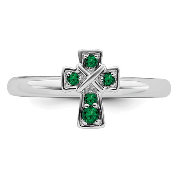 1/8 Carat (ctw) Lab Created Emerald Cross Ring in Sterling Silver Image 3