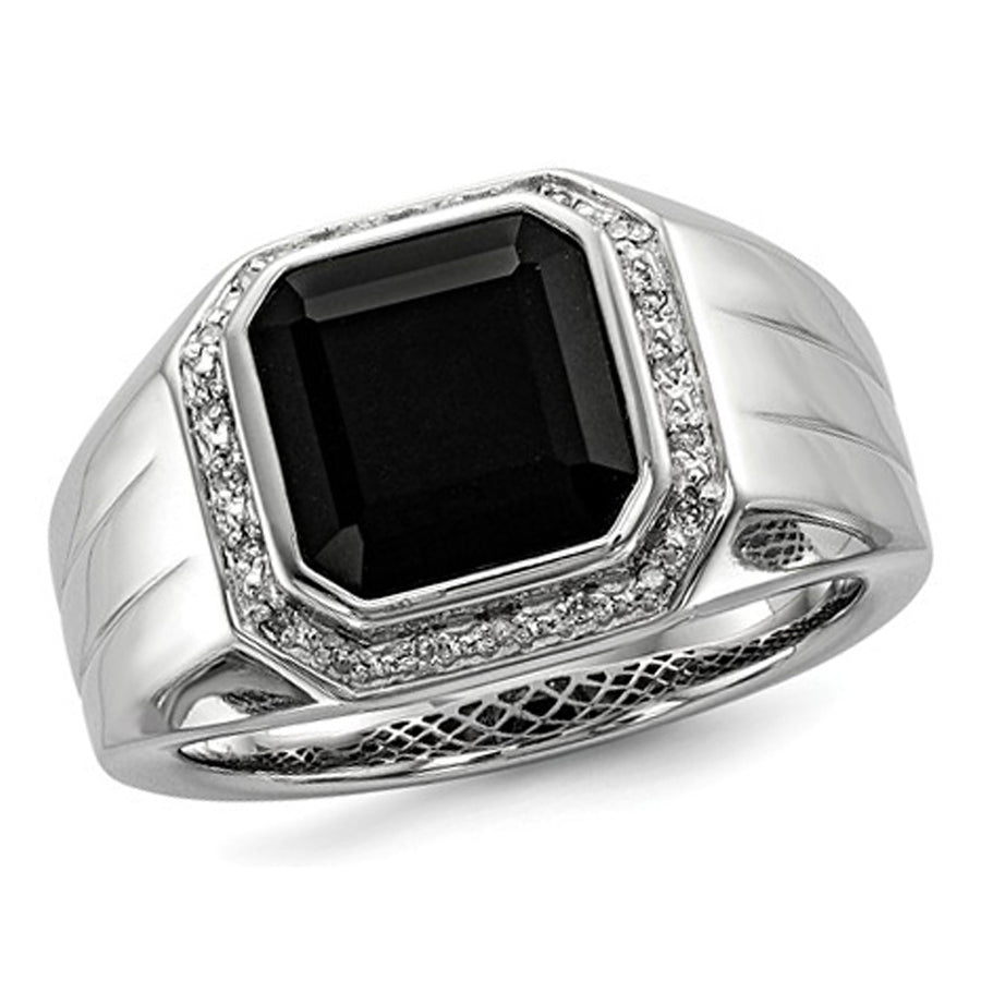 Mens Black Onyx Ring with Accent Diamonds in Rhodium Plated Sterling Silver Image 1