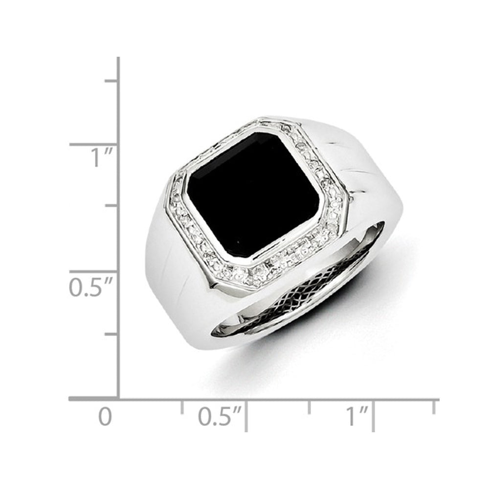 Mens Black Onyx Ring with Accent Diamonds in Rhodium Plated Sterling Silver Image 2