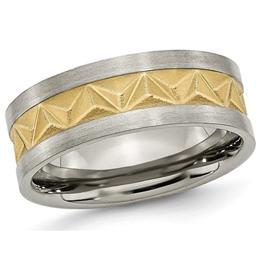 Mens Titanium 8mm Brushed Wedding Band Ring with Yellow Plating Image 1