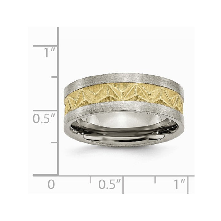 Mens Titanium 8mm Brushed Wedding Band Ring with Yellow Plating Image 2