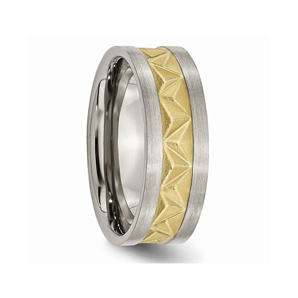 Mens Titanium 8mm Brushed Wedding Band Ring with Yellow Plating Image 3