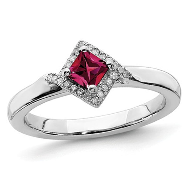 2/5 Carat (ctw) Lab Created Princess Cut Ruby Ring in Sterling Silver with Accent Diamonds Image 1