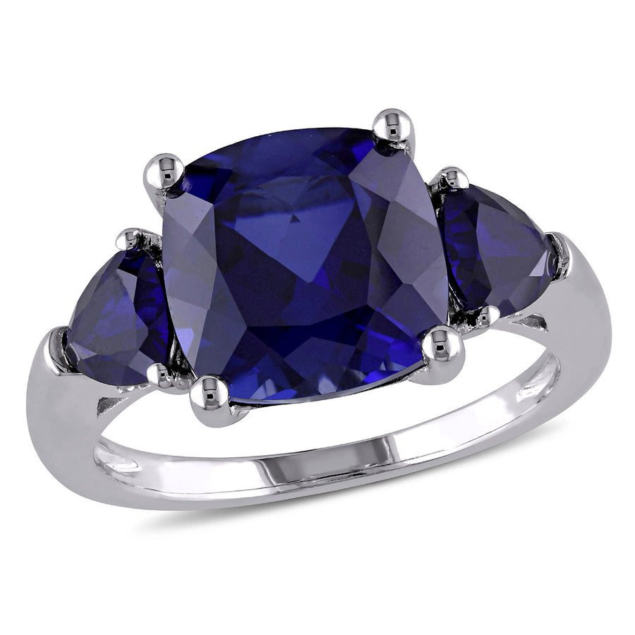7.10 Carat (ctw) Lab-Created Blue Sapphire Three Stone Ring in Sterling Silver Image 1