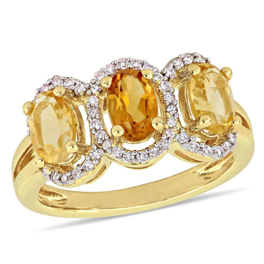 1.35 Carat (ctw) Madeira Citrine Three Stone Ring with Diamonds 1/5 Carat (ctw) in Yellow Plated Sterling Silver Image 1