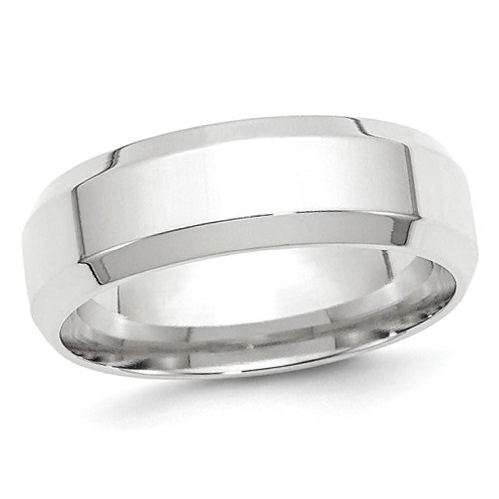 Mens 10K White Gold 7mm Comfort Fit Wedding Band Ring with Bevel Edge Image 1