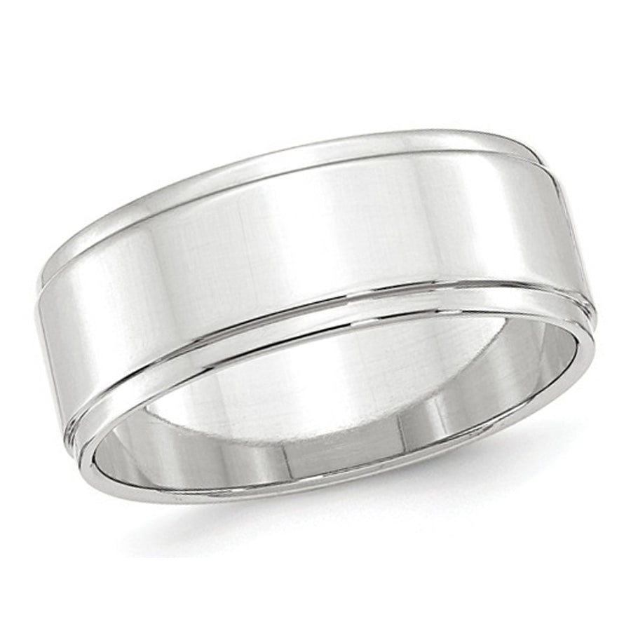 Mens 10K White Gold 8mm Flat Wedding Band Ring with Step Edge Image 1