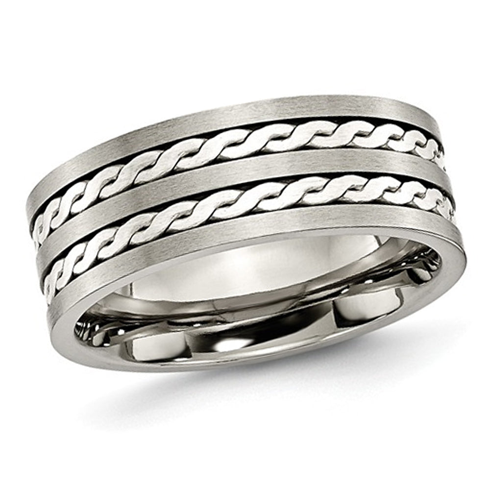 Sterling Silver Braided Inlay Brushed Titanuim Band Ring 8mm Image 1