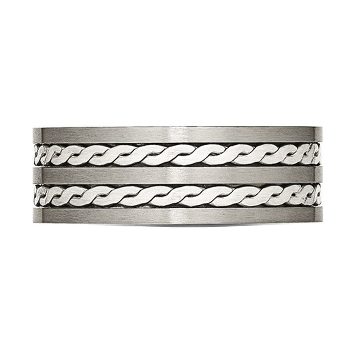 Sterling Silver Braided Inlay Brushed Titanuim Band Ring 8mm Image 2