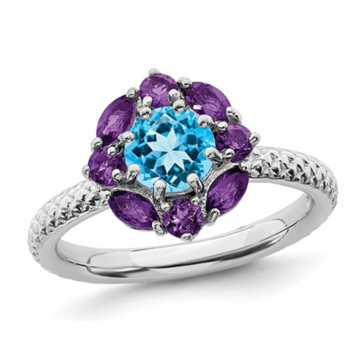 1.60 Carat (ctw) Blue Topaz and Amethyst Ring in Sterling Silver Image 1