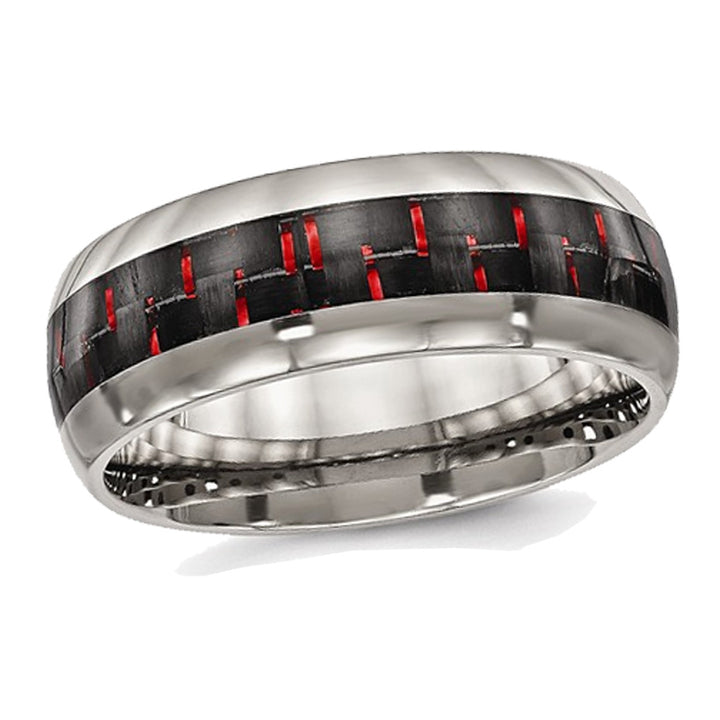 Polished Titanium with Red Carbon Fiber Wedding Band Ring Image 1