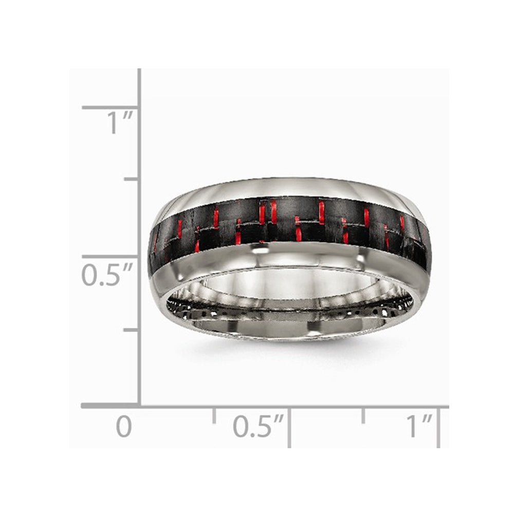Polished Titanium with Red Carbon Fiber Wedding Band Ring Image 2