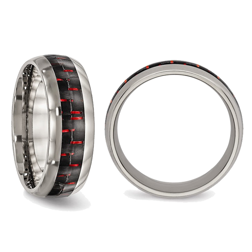 Polished Titanium with Red Carbon Fiber Wedding Band Ring Image 3