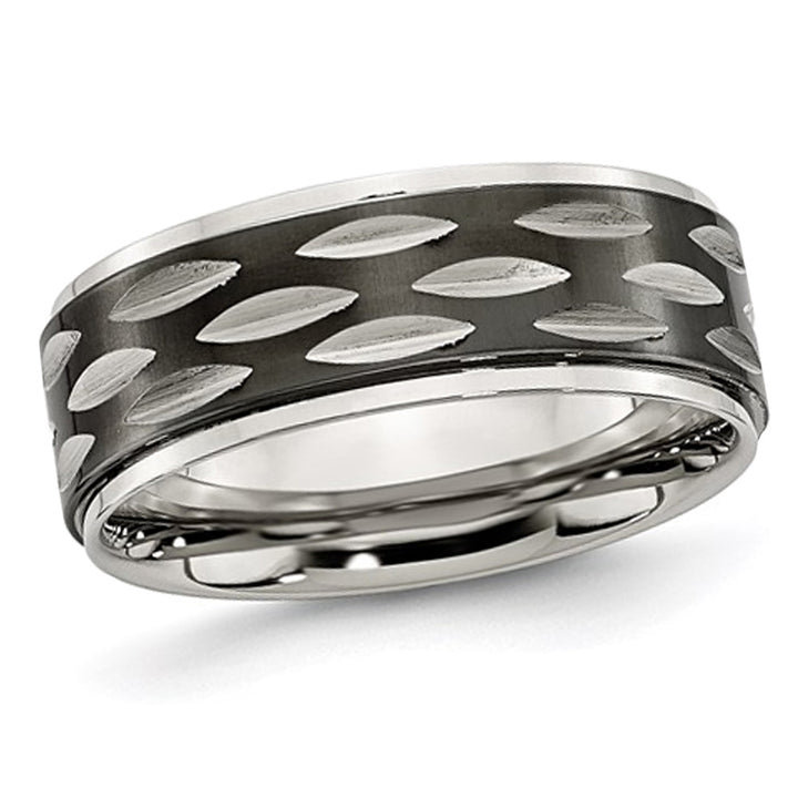 Black Plated Stainless Steel 8mm Grooved Wedding Band Ring Image 1