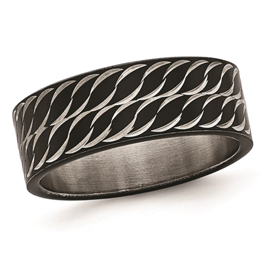 Mens or Ladies Black Plated Stainless Steel Diamond Cut Ring Band Image 1