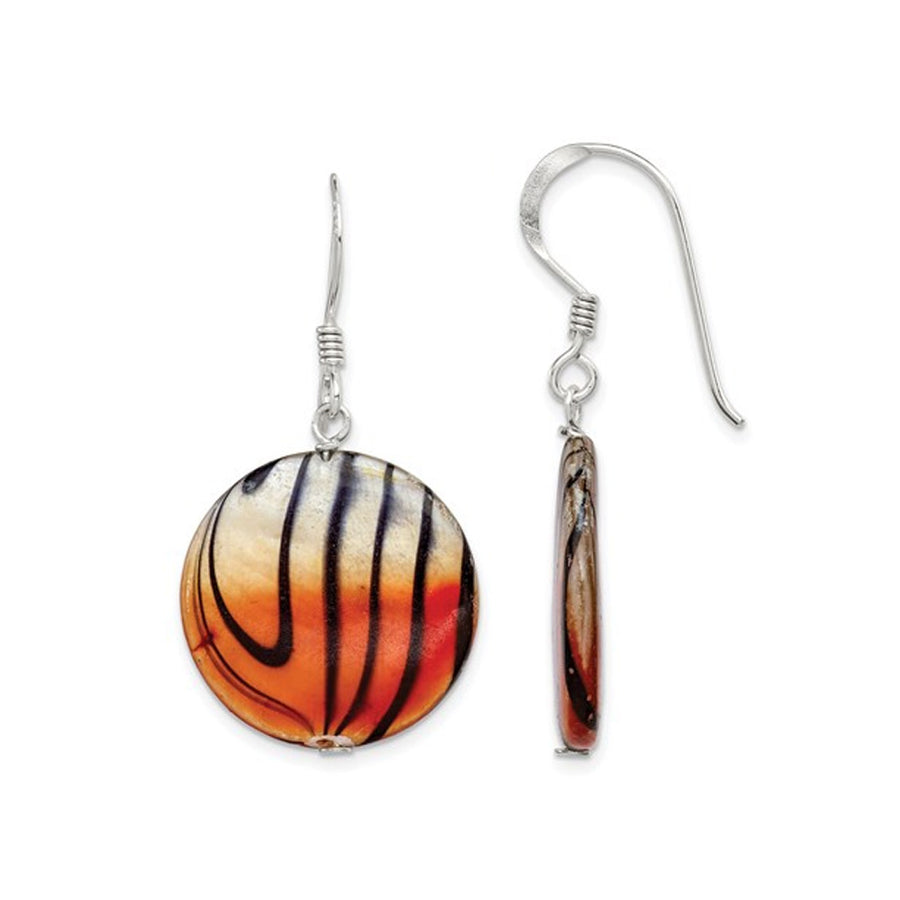 Zebra Stripes Mother of Pearl Orange and Black Disc Earrings in Sterling Silver Image 1
