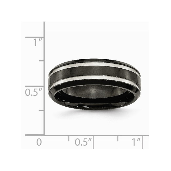 Mens Chisel 7mm Comfort Fit Black Titanium Wedding Band Ring with Groove Image 2