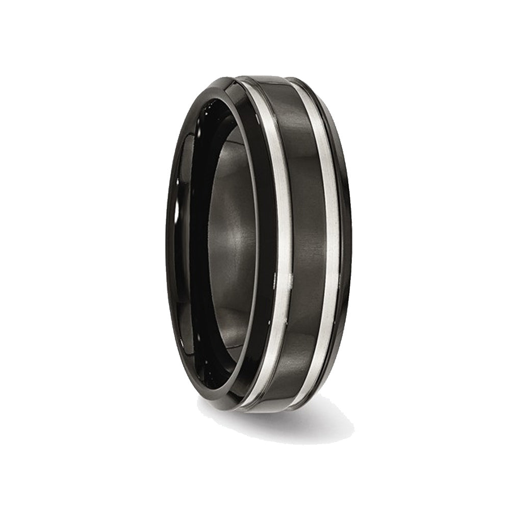 Mens Chisel 7mm Comfort Fit Black Titanium Wedding Band Ring with Groove Image 3