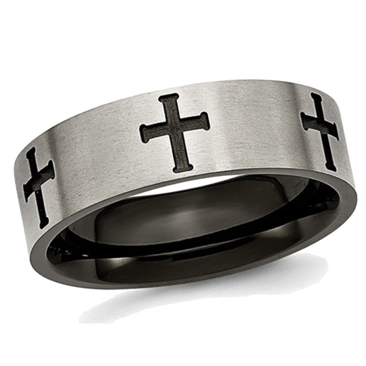 Mens Titanium Cross 7mm Brushed Wedding Band Ring Image 1